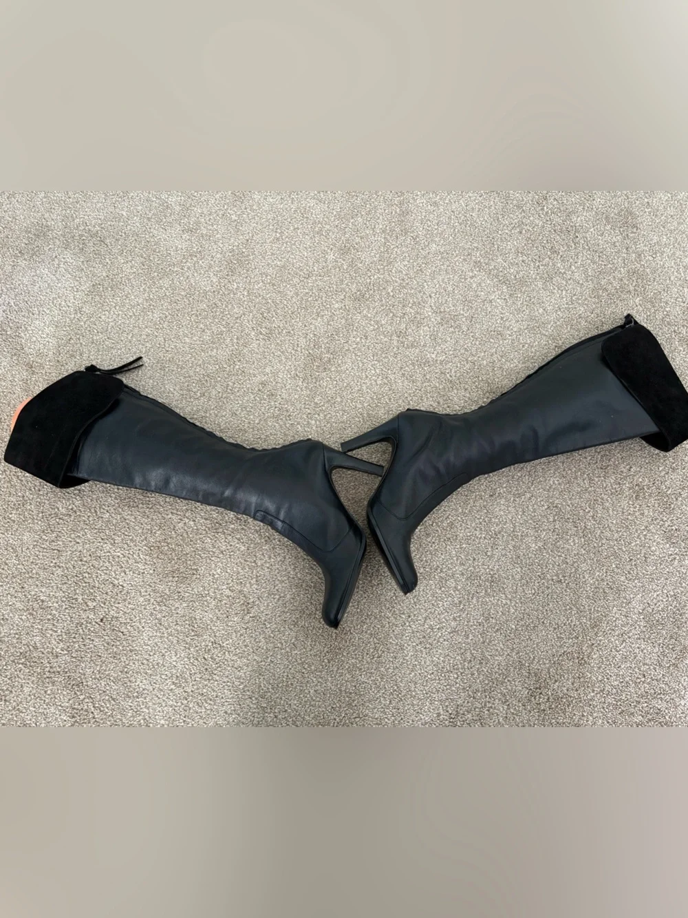 Lauren‎ Ralph Lauren Black Leather Knee-High Heeled Boots Suede Trim Size 7M